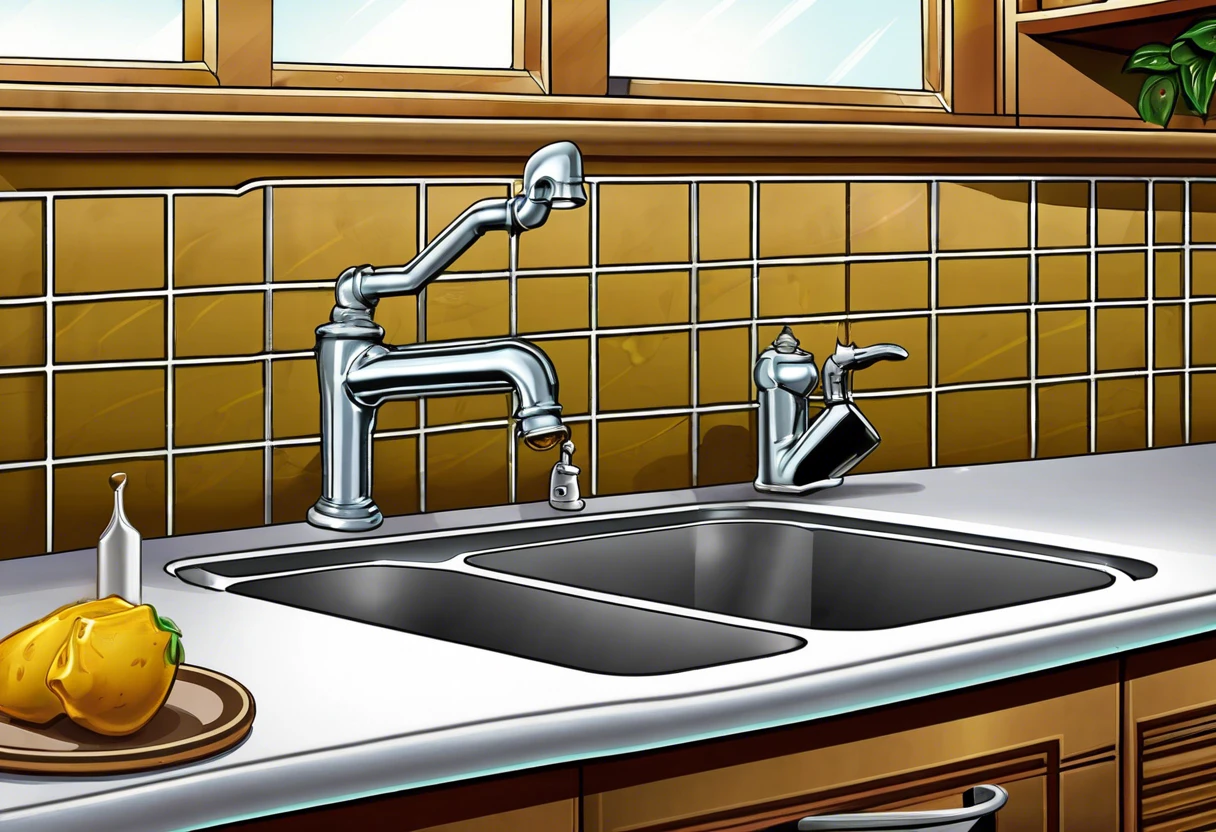 A kitchen sink from the 1980s featuring chrome faucets and a tiled backsplash, demonstrating common plumbing styles used during that decade.