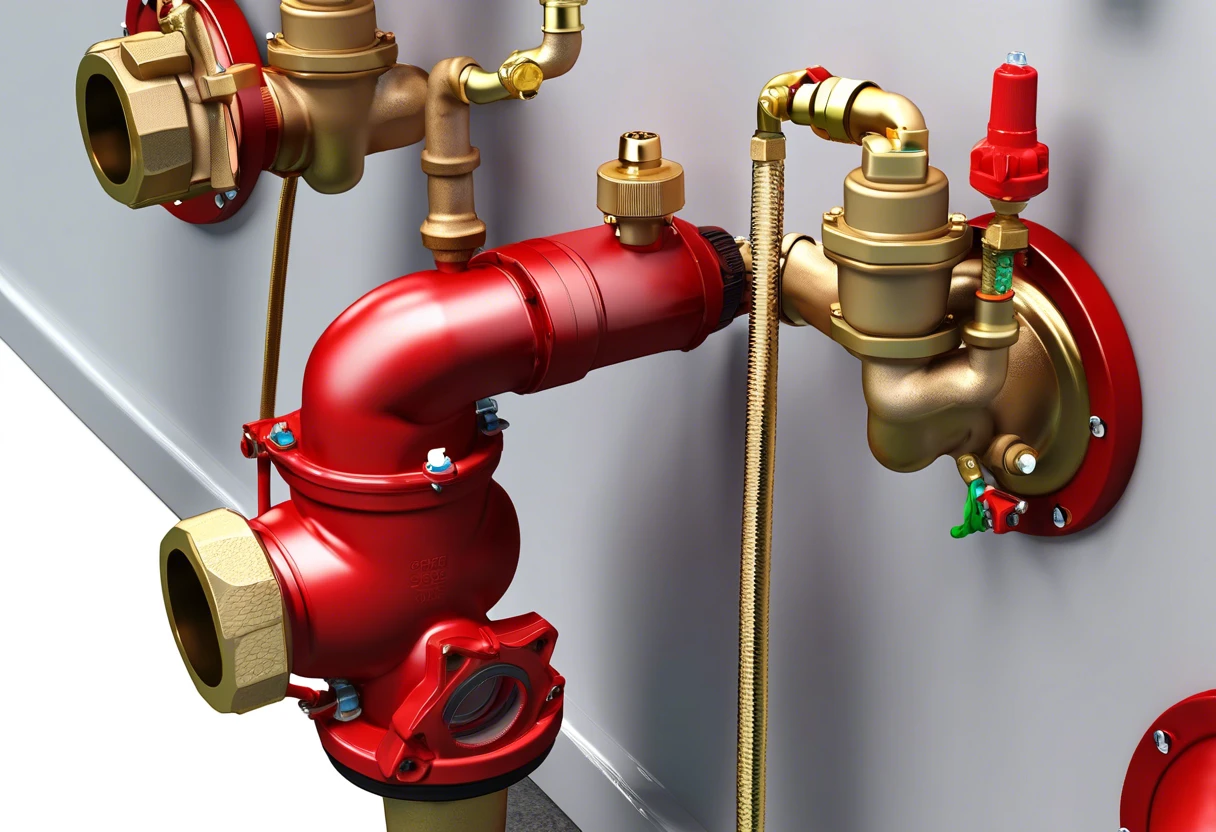 A backflow prevention device featuring a red valve and brass fittings, crucial for preventing water contamination.