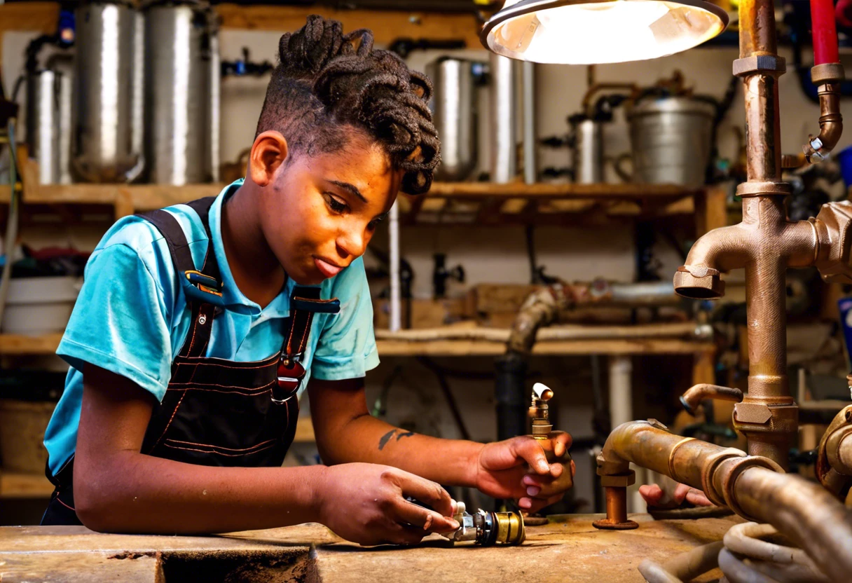 Young apprentice learning plumbing skills in Irvine workshop