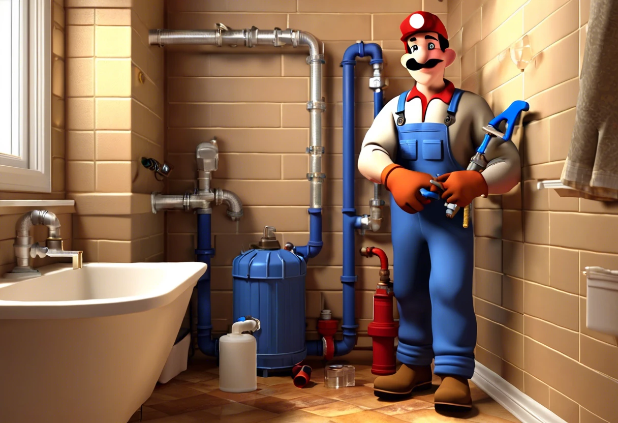 Illustration of a plumber in overalls working in a modern bathroom setting, representing the training process to become a certified plumber.