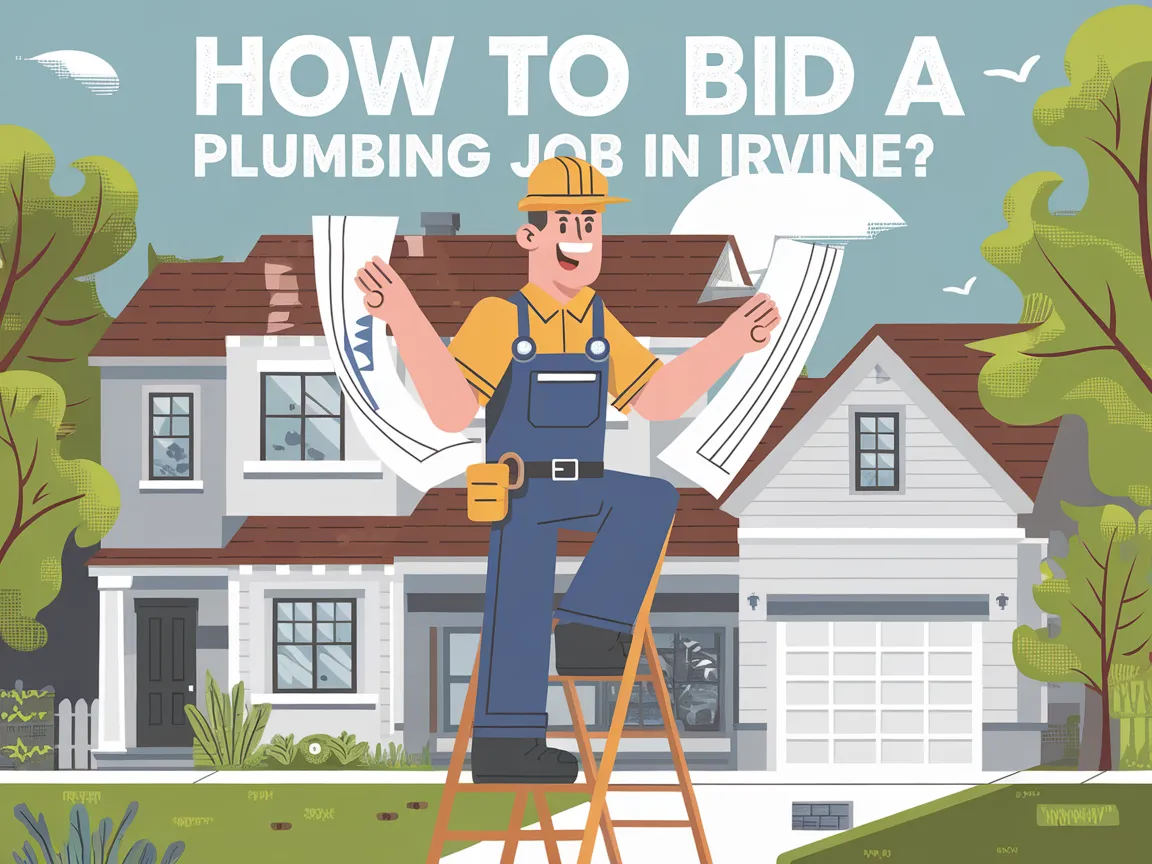 Illustration of a plumber evaluating plans for a plumbing job in Irvine