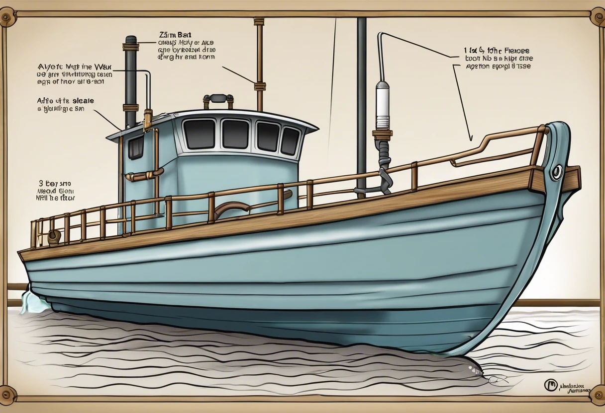 Illustration of a boat highlighting plumbing areas for water hose installation.