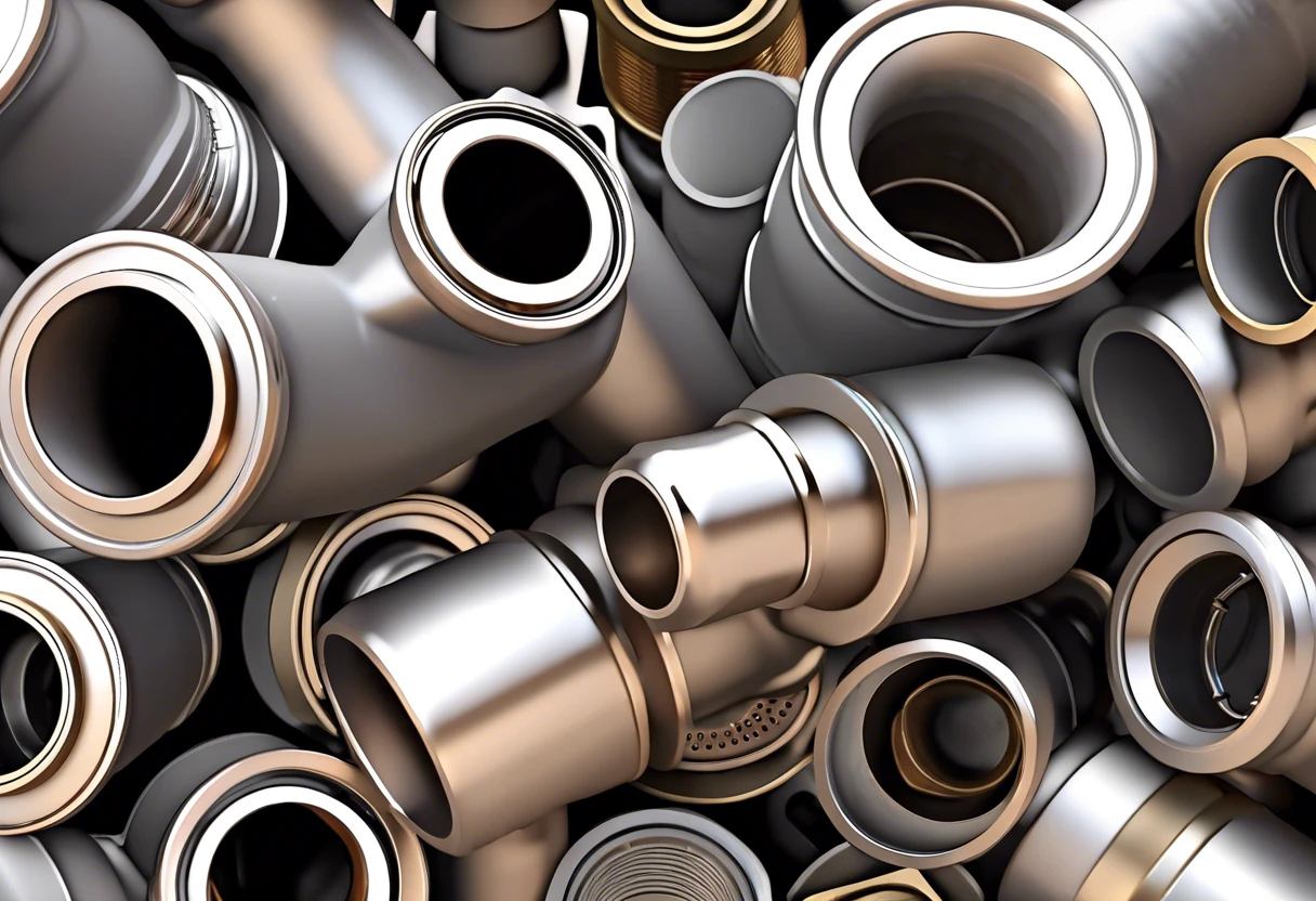 Close-up of various plumbing fittings including bushings, essential components for plumbing connections.