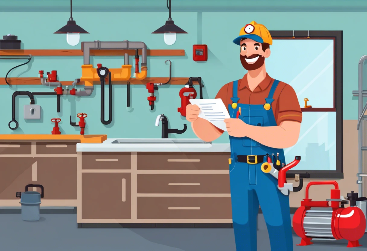 Plumber holding a document in a workshop, representing the steps to obtain a C36 plumbing license.