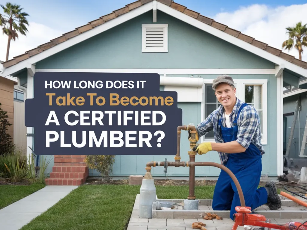 Plumber working on pipes outside a home, illustrating the journey to become a certified plumber.