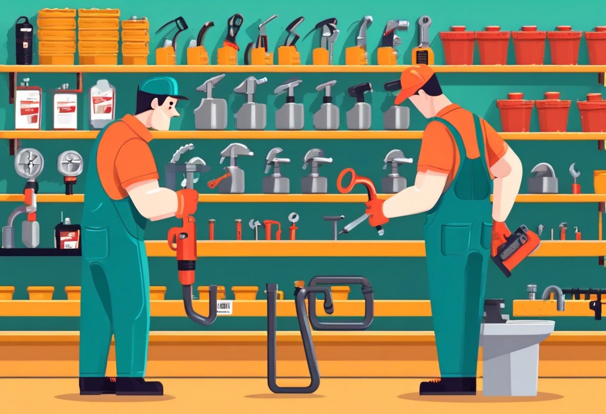 Two plumbers discussing tools in a workshop, highlighting the importance of choosing the right plumber.