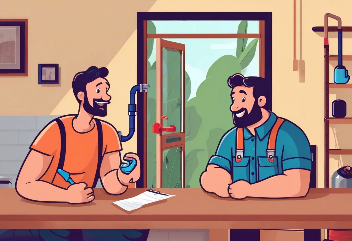 Two plumbers discussing plumbing options in a workshop, providing insights on how to choose a plumber.