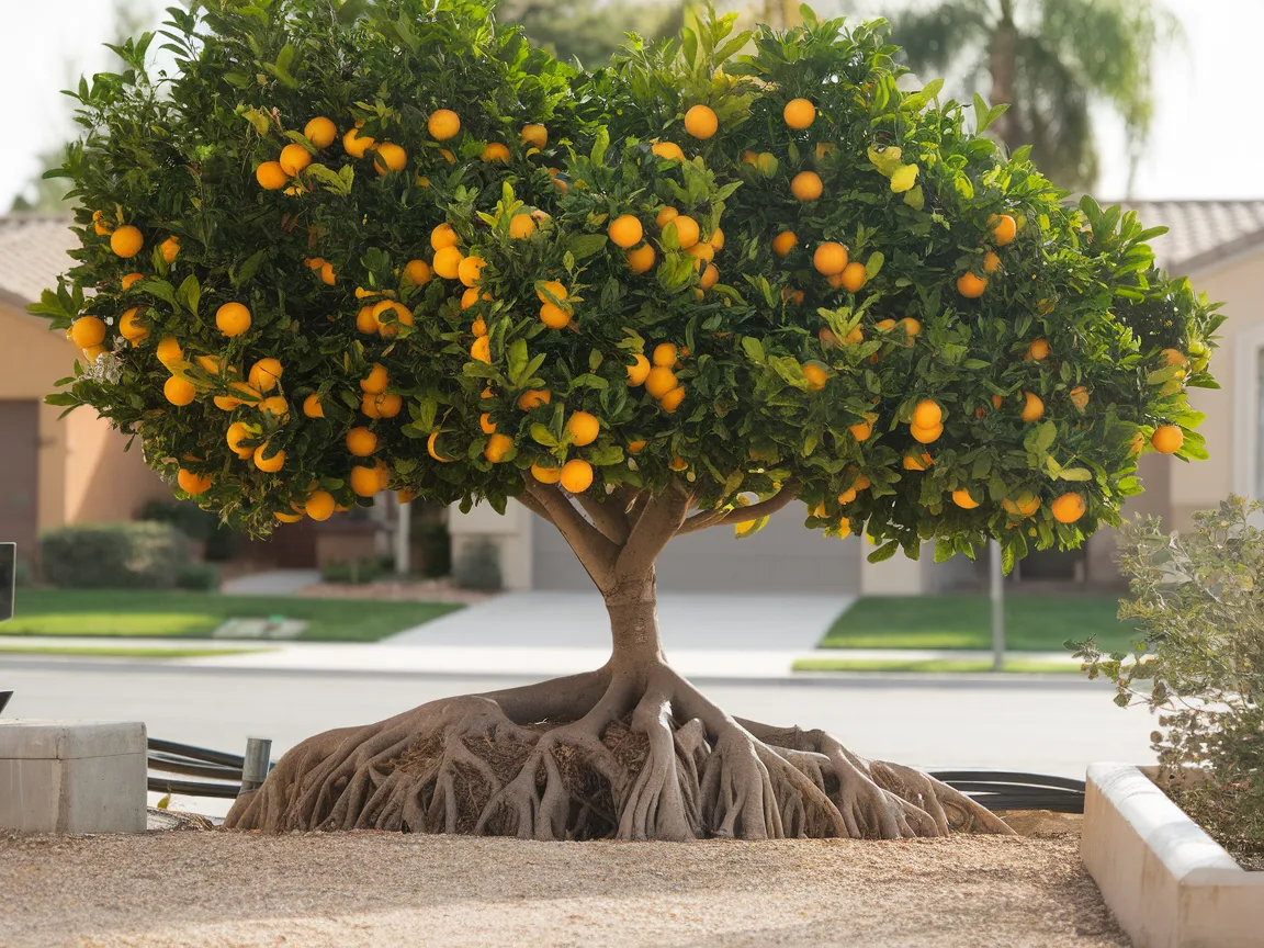 Healthy citrus tree with roots, highlighting potential plumbing damage in Irvine