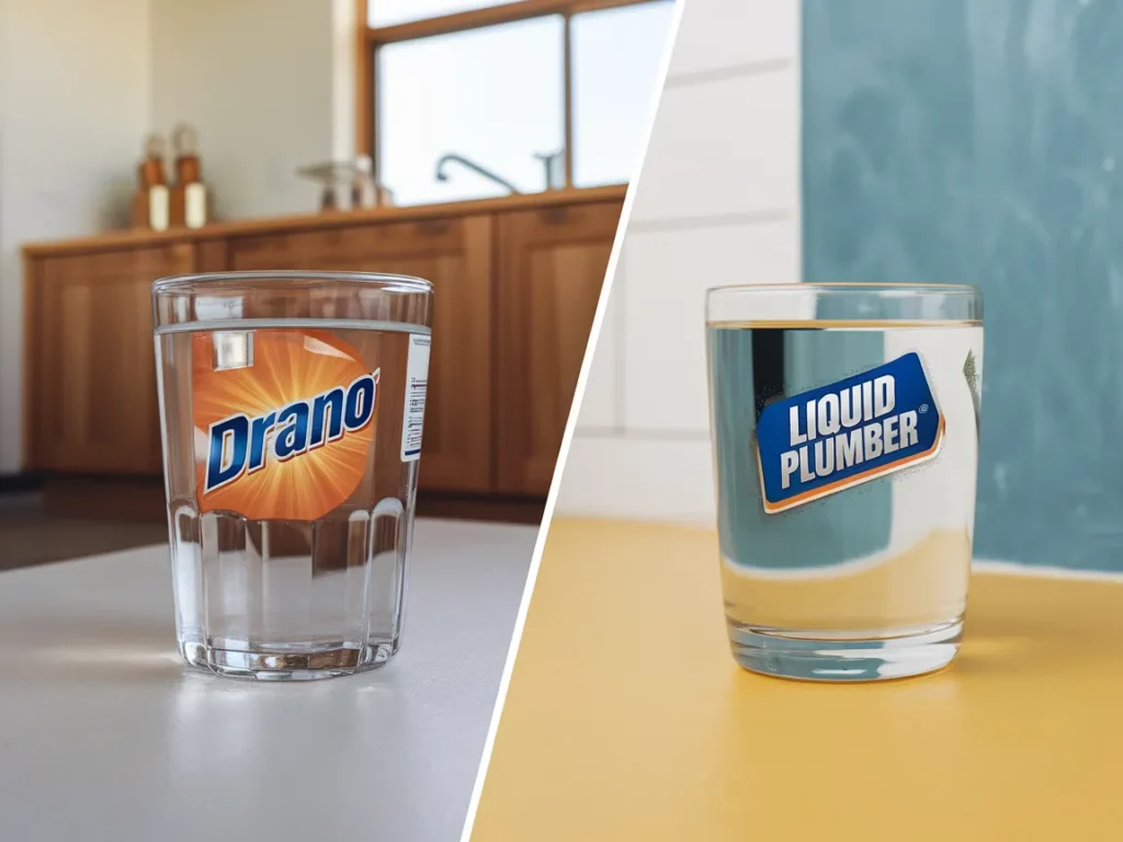 Comparison of Drano and Liquid Plumber in clear glasses, highlighting effectiveness in unclogging drains.