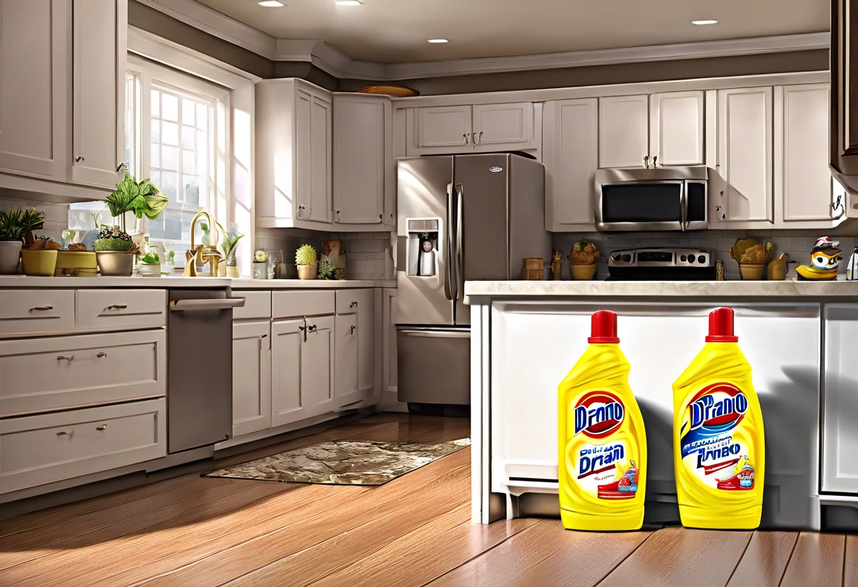 Drano and Liquid Plumber products in a modern kitchen setting for comparison.