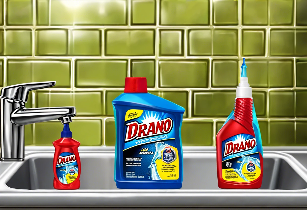 Drano products displayed in a sink, comparing them to Liquid Plumber for drain cleaning solutions.