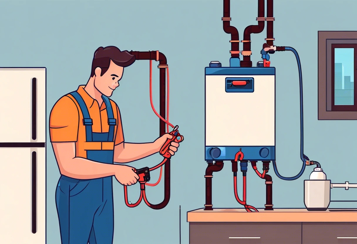 An illustration of a plumber working on electrical plumbing, showcasing pipes and a water heater.