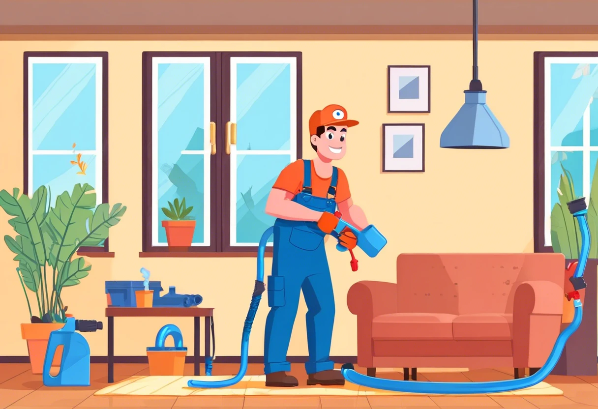 Illustration of an emergency plumber fixing plumbing issues in a home in Irvine.