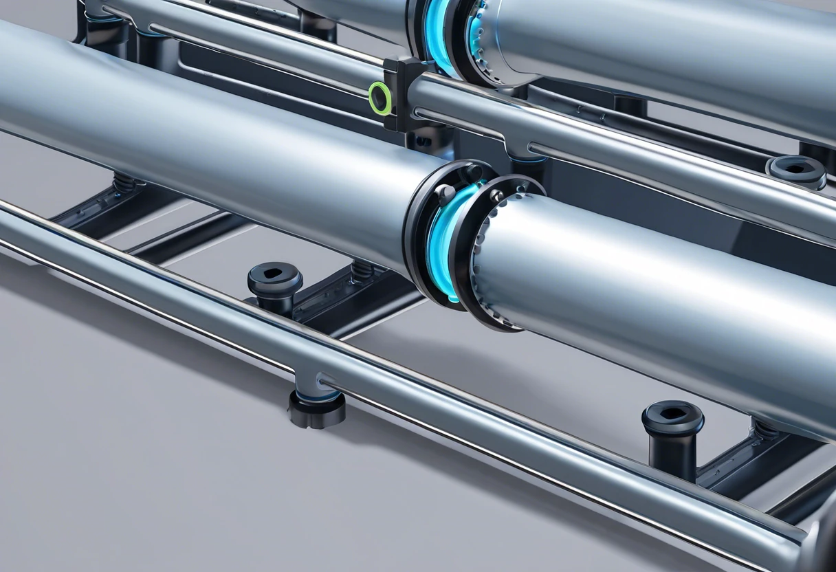 Detailed plumbing setup for connecting a fuel cell, featuring metallic pipes and connectors.