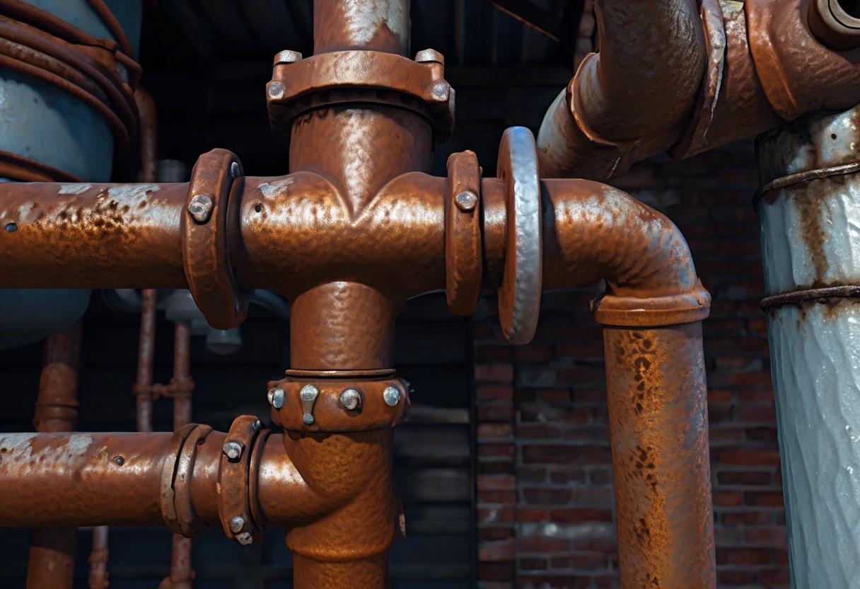 Close-up of rusted galvanized plumbing pipes compared to cast iron in a plumbing system