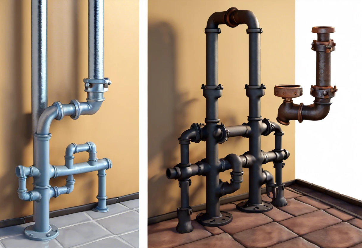 Comparison of galvanized plumbing pipes and cast iron plumbing pipes in a side-by-side view