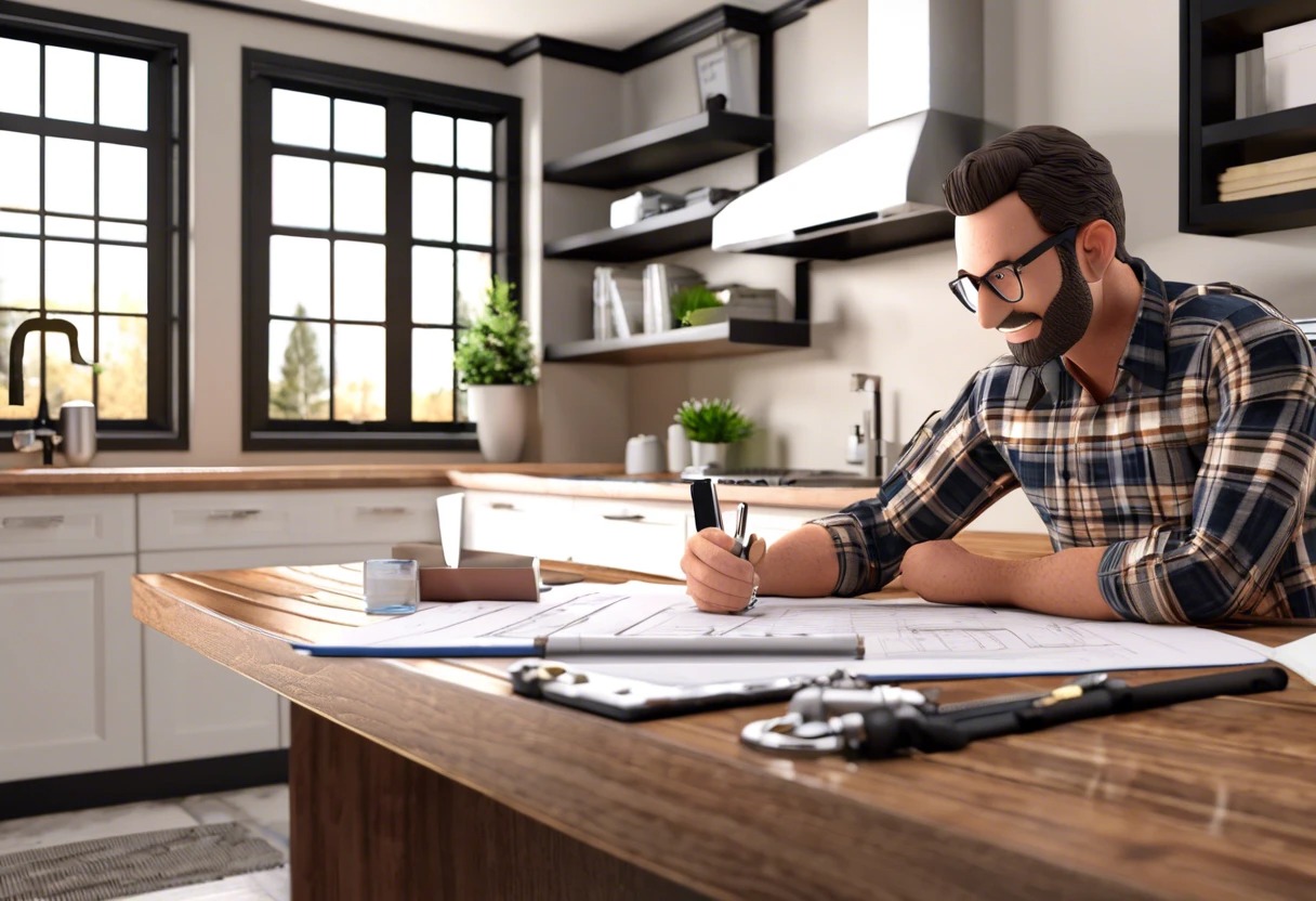 A homeowner reviewing plumbing plans at a kitchen table, related to obtaining a plumbing permit.