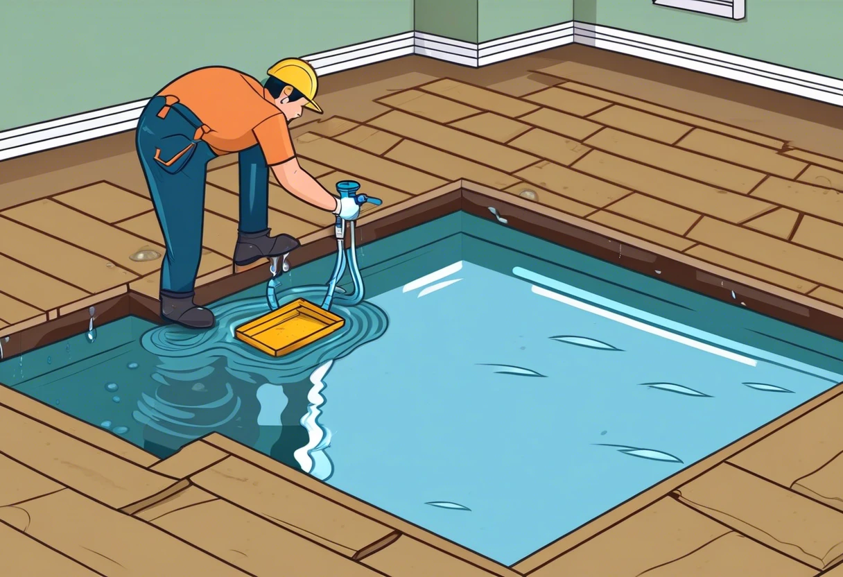 Person fixing plumbing leak under slab in a flooded basement, related to homeowners insurance coverage.