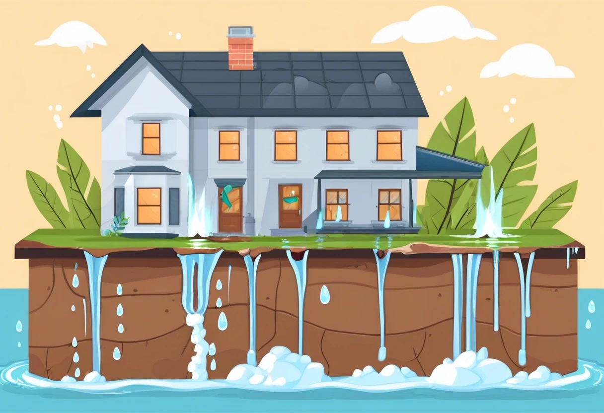 Illustration of a house over a slab with plumbing leaks, relevant to homeowners insurance coverage.