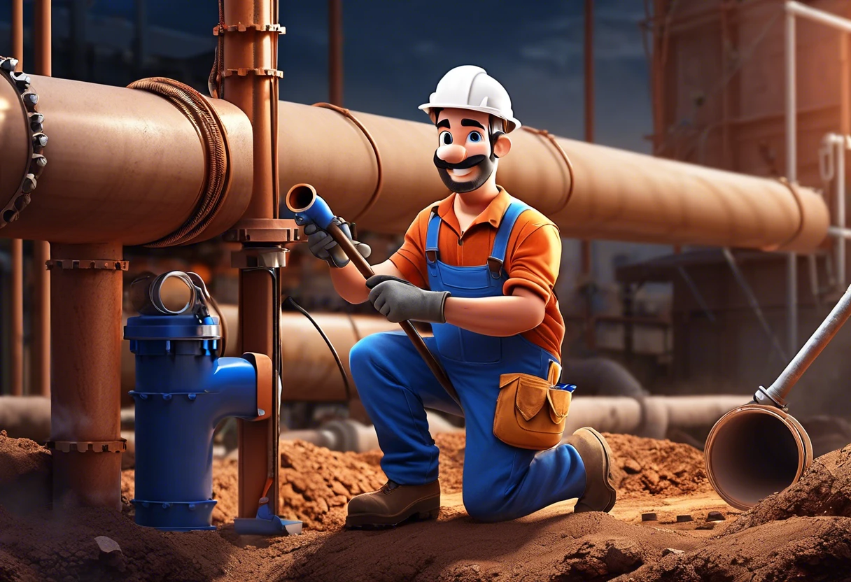 Cartoon plumber working on pipes, illustrating the training process to become a plumber