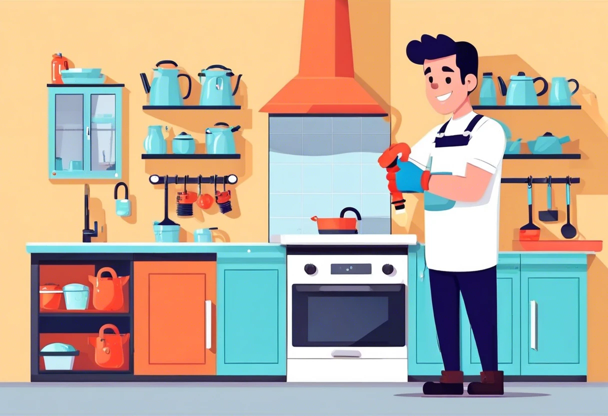 Cartoon of a plumber in a kitchen ready to fix plumbing issues, relevant to how to become a plumber.