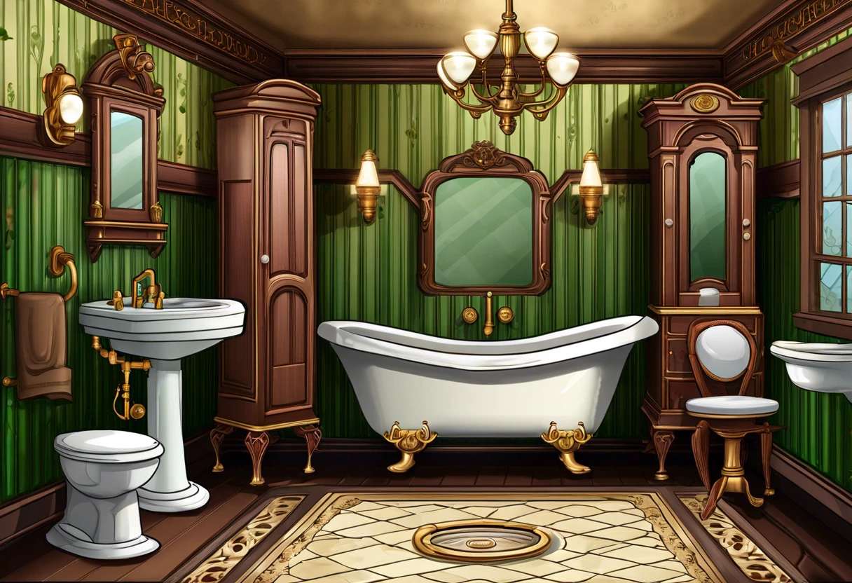 Illustration of a vintage bathroom showcasing common indoor plumbing elements from historical periods.