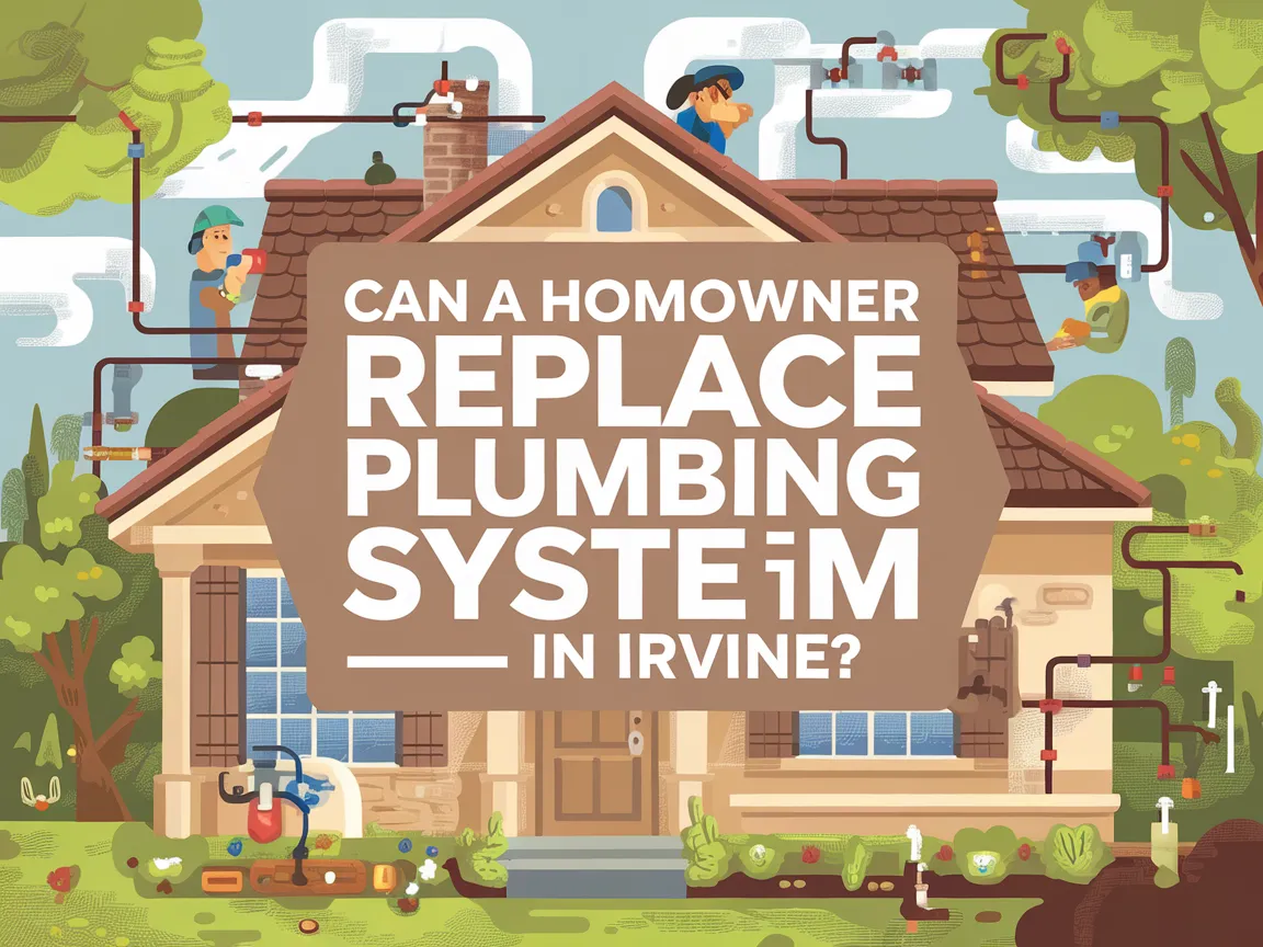 Illustration of a homeowner replacing the plumbing system in Irvine, showcasing workers and plumbing infrastructure.