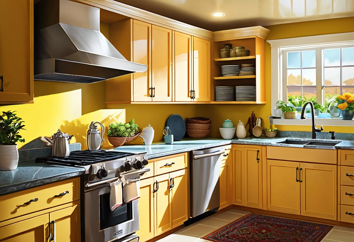 Bright yellow kitchen with modern appliances, showcasing the potential for plumbing changes by homeowners in Irvine.