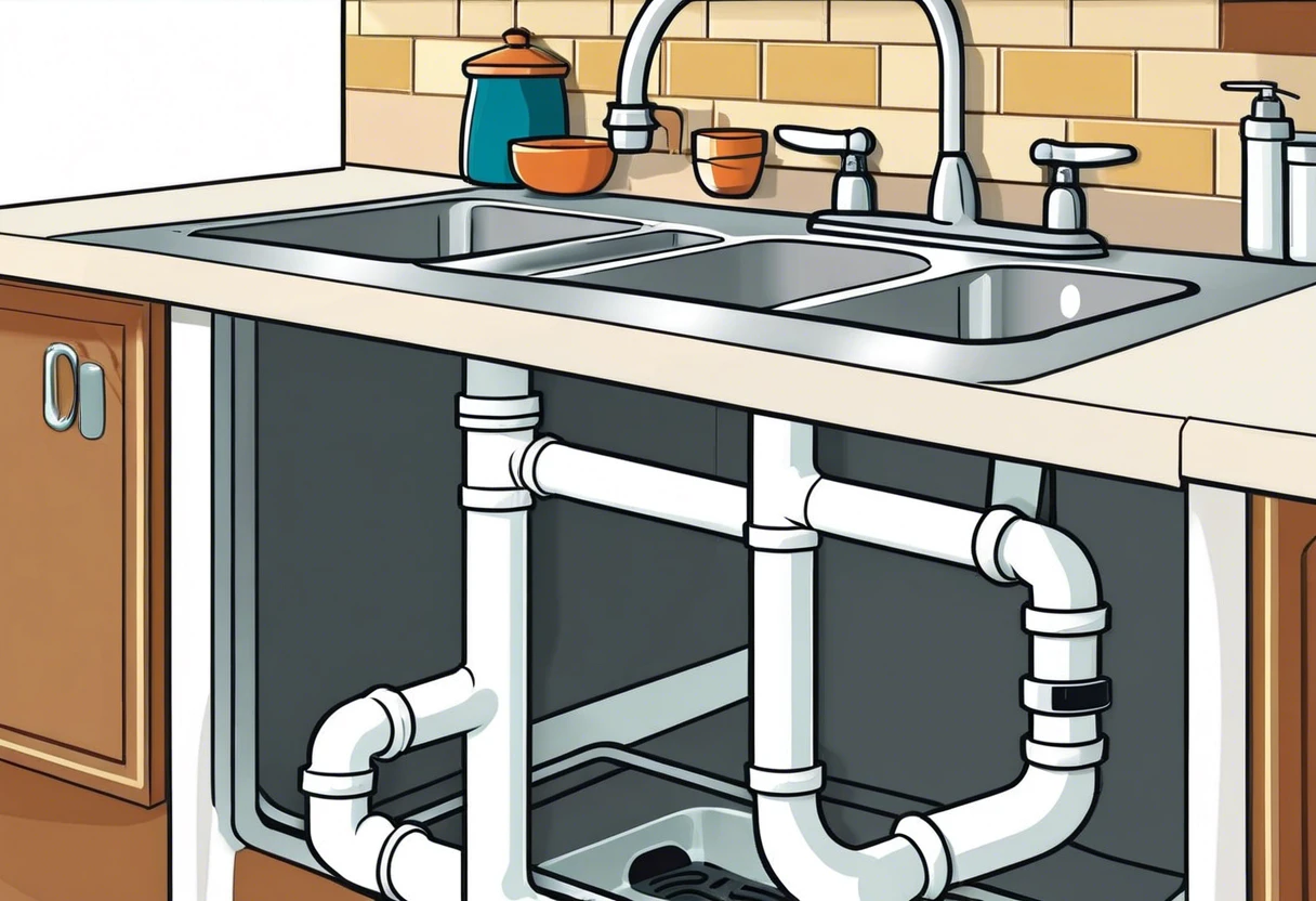 Illustration of plumbing pipes under a kitchen sink in an Irvine house, showcasing common materials like PVC and PEX.