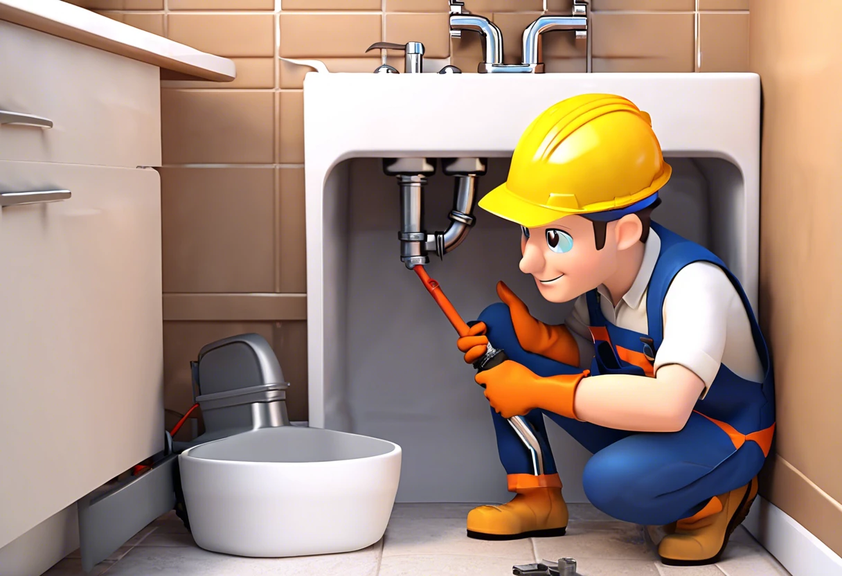 Illustration of a plumber fixing plumbing issues in a residential kitchen in Irvine.