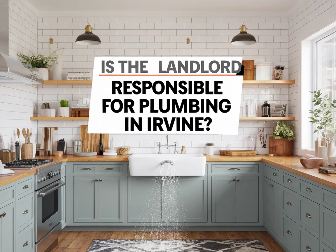 Modern kitchen with a white sink and text about landlord plumbing responsibilities in Irvine.