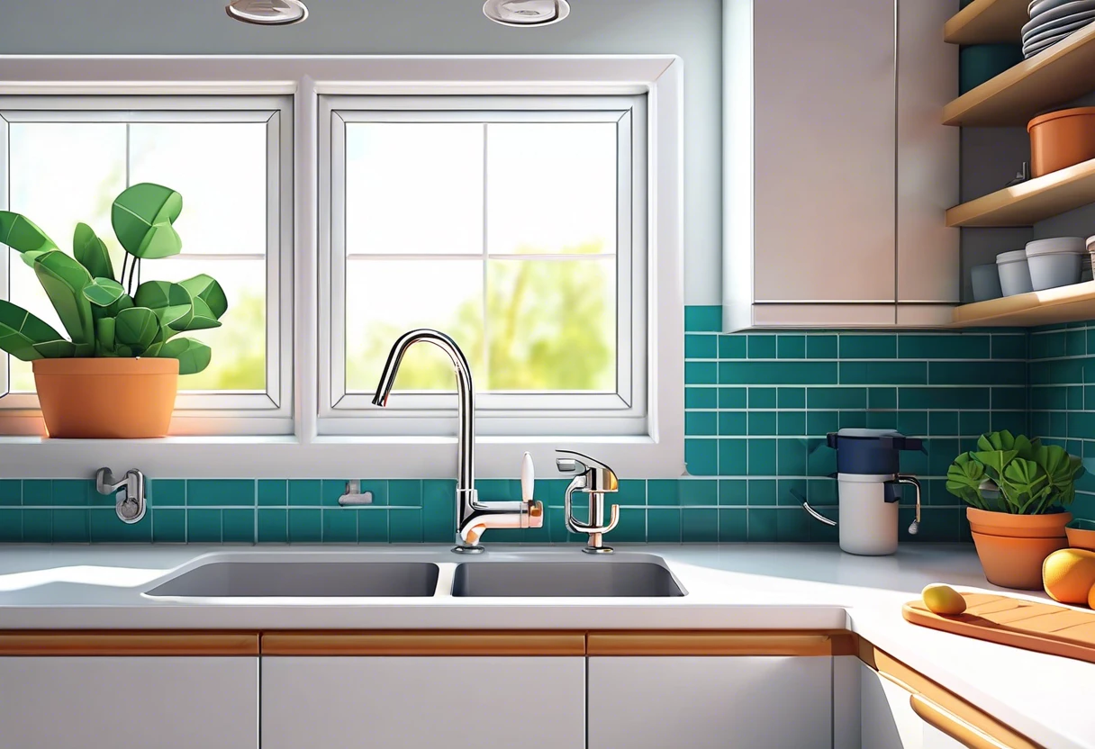 Modern kitchen sink with potted plants, emphasizing the importance of plumbing safety for PVC pipes.
