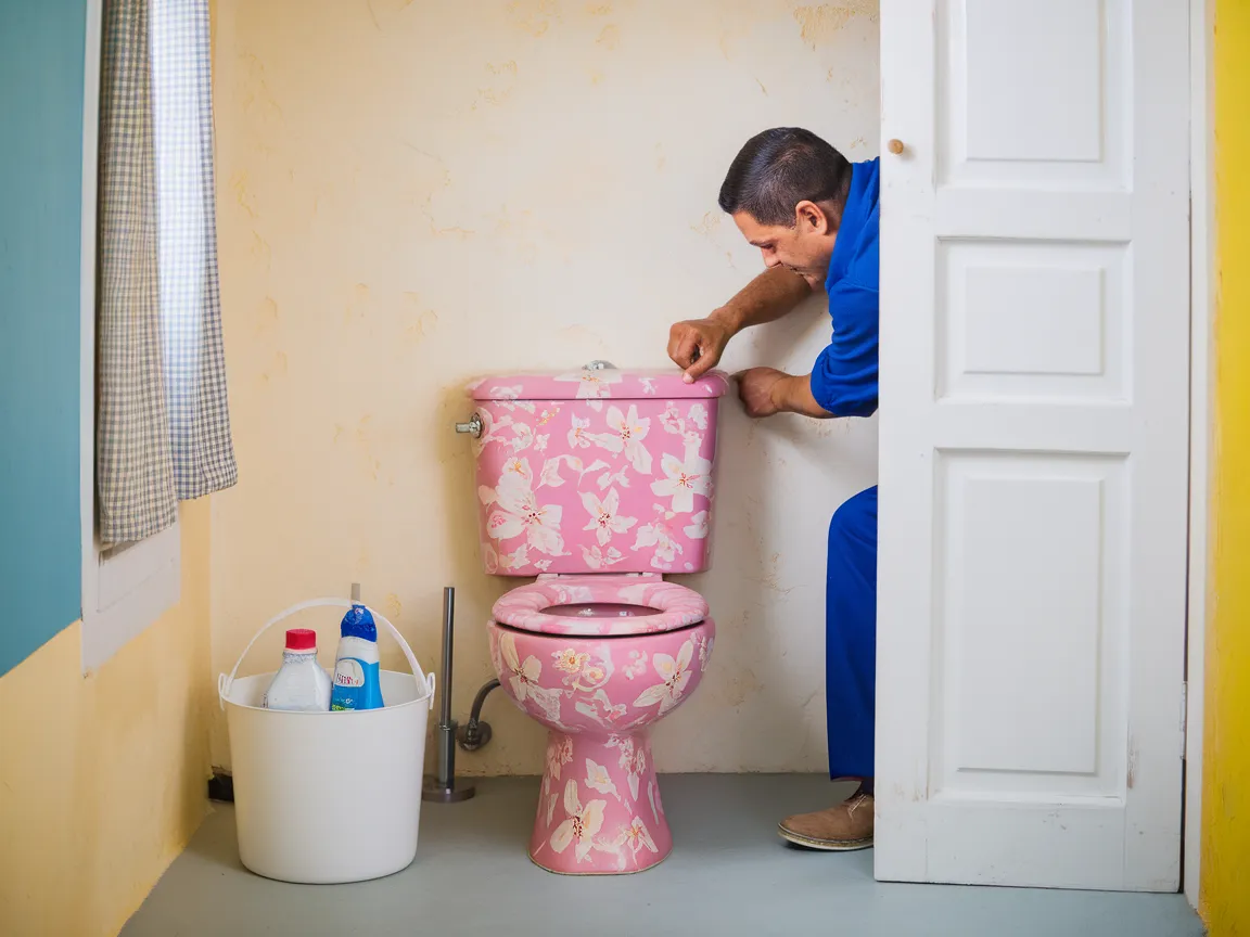 Plumber working on a pink toilet with cleaning supplies, discussing Liquid Plumber safety.