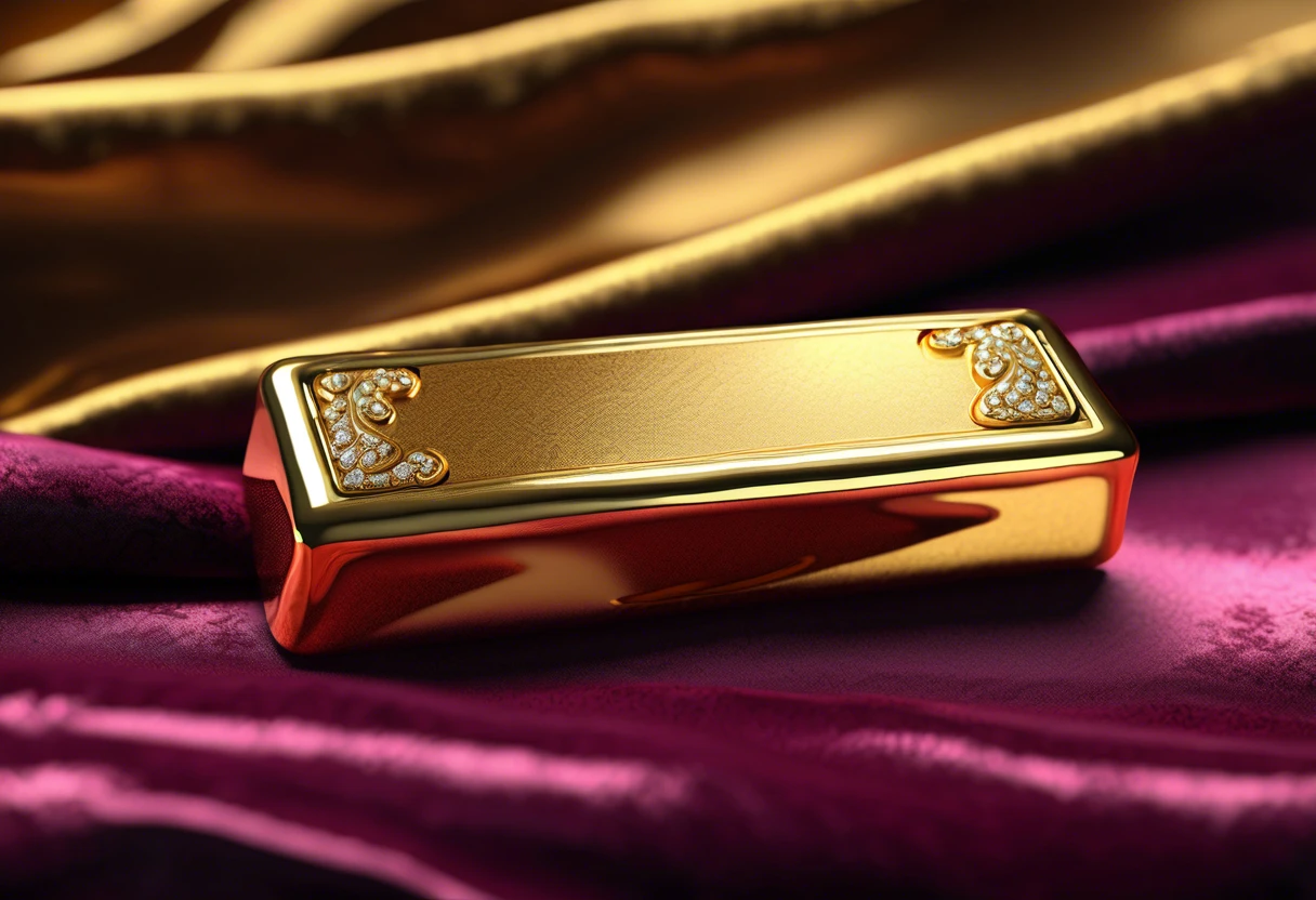 A stunning plumb gold bar featuring elaborate design elements, representing high-quality gold.