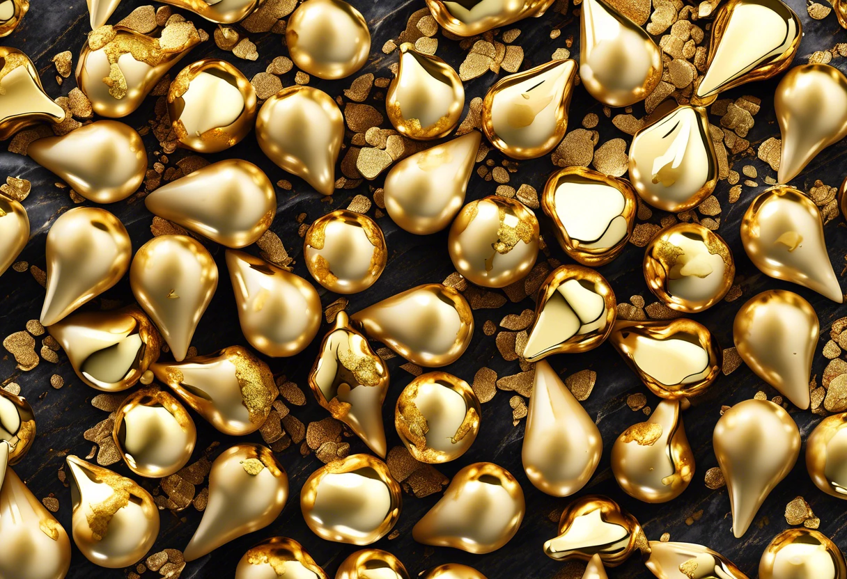 An array of shiny plumb gold drops scattered on a surface, highlighting the unique characteristics of plumb gold.