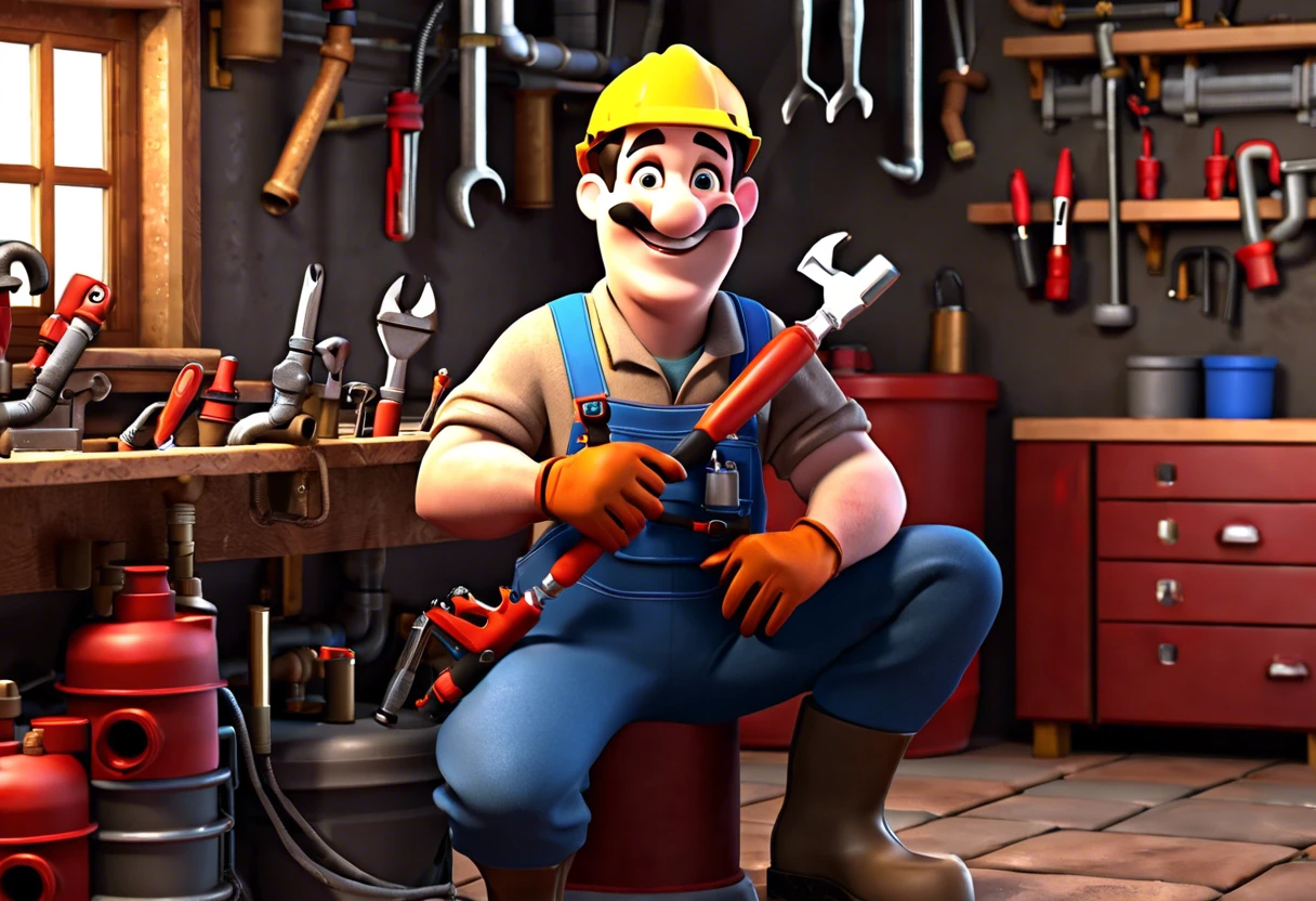 Cartoon plumber showcasing the benefits of a plumbing career, surrounded by tools.