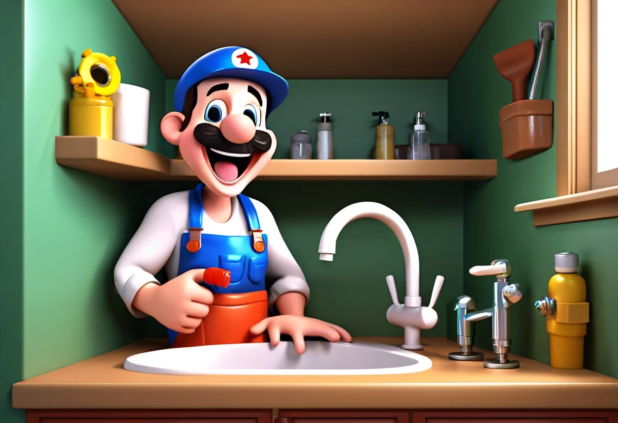 Cartoon plumber smiling while fixing a sink, highlighting the benefits of hiring a plumber.