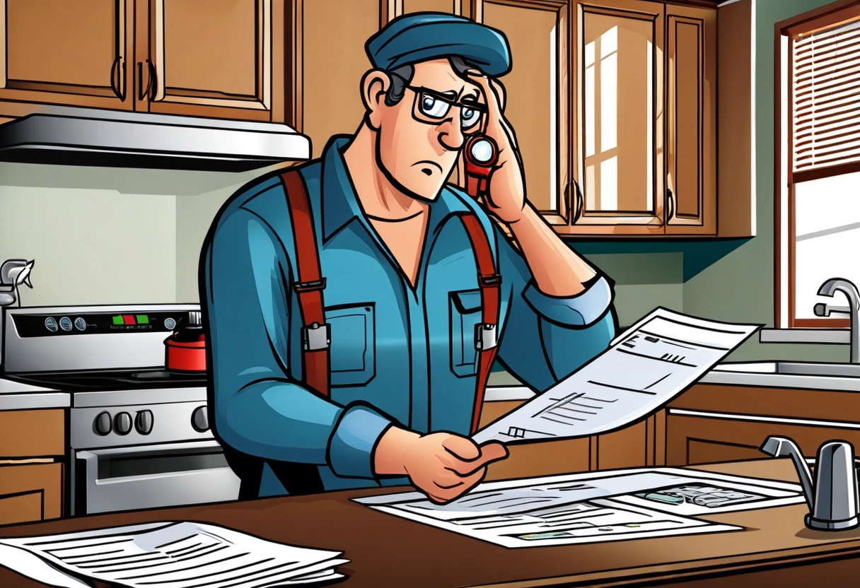 Worried plumber reviewing paperwork in a kitchen setting related to signs of being ripped off in Irvine.