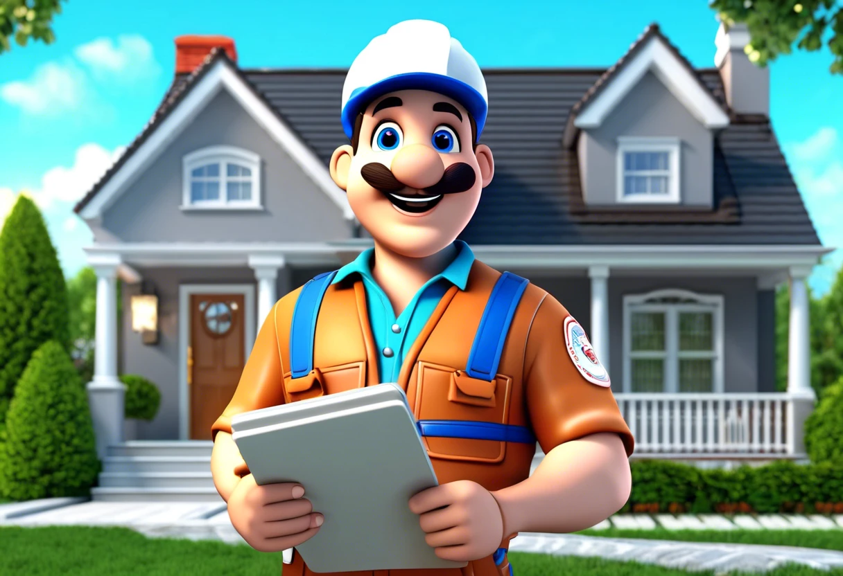 Cartoon plumber holding a clipboard outside a house, representing the journey to obtaining a plumber's license.