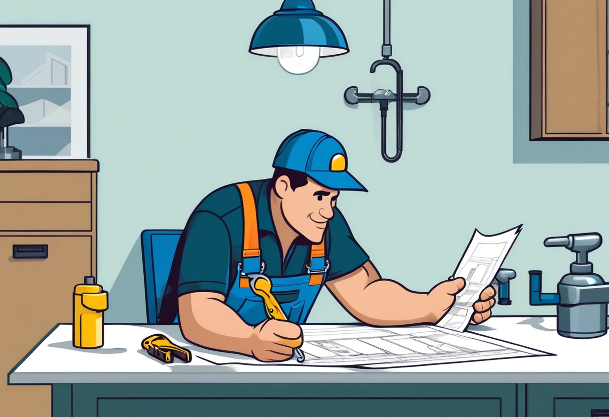 Plumber reviewing blueprints and preparing a bid for a plumbing job in Irvine