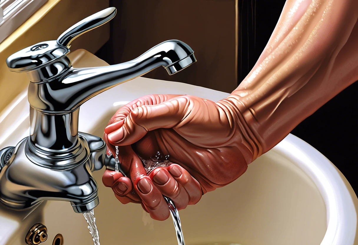 A close-up of a hand gripping a faucet, illustrating the physical effort involved in plumbing work and its impact on the body.