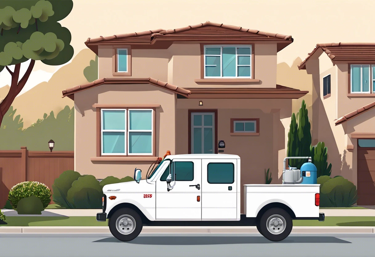 Image of a plumbing truck parked in front of a house, illustrating the cost to start a plumbing business in Irvine.