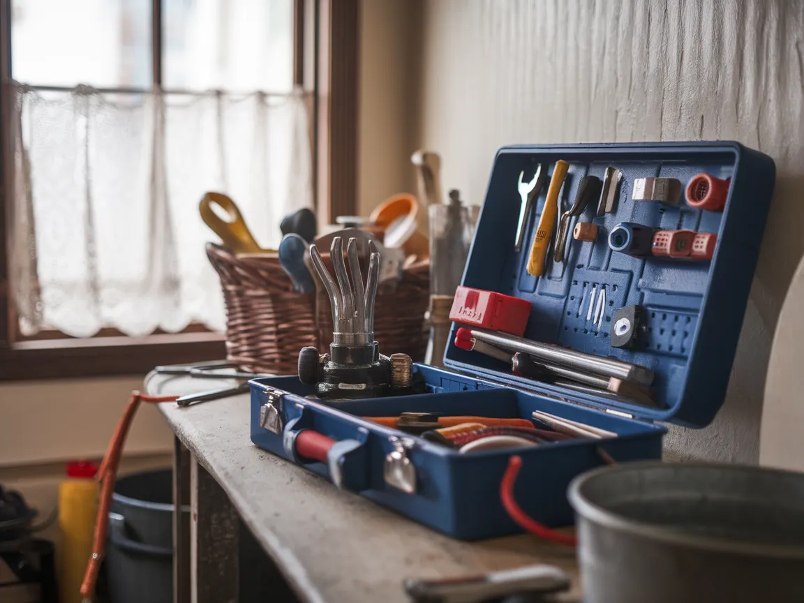 Plumbing tools and equipment in a toolkit, essential for starting a plumbing business in Irvine.