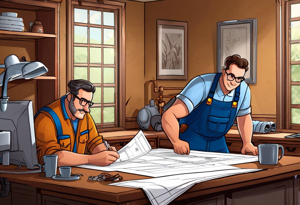 Two plumbers reviewing blueprints to secure plumbing contracts