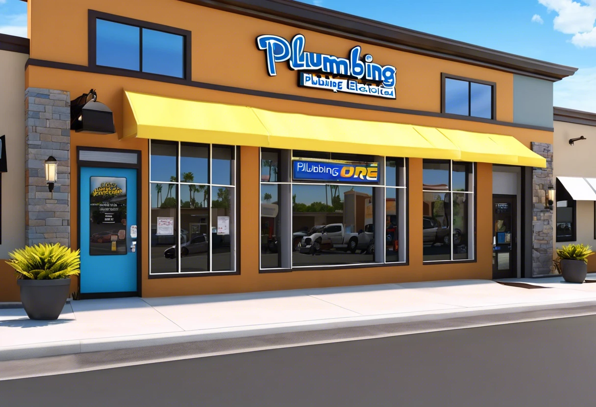 Exterior view of a plumbing and electrical business in Irvine showcasing services offered.