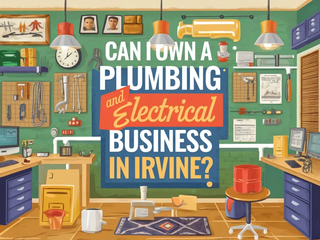 An illustrated workspace showcasing tools and equipment for plumbing and electrical businesses, emphasizing the possibility of owning such a business in Irvine.