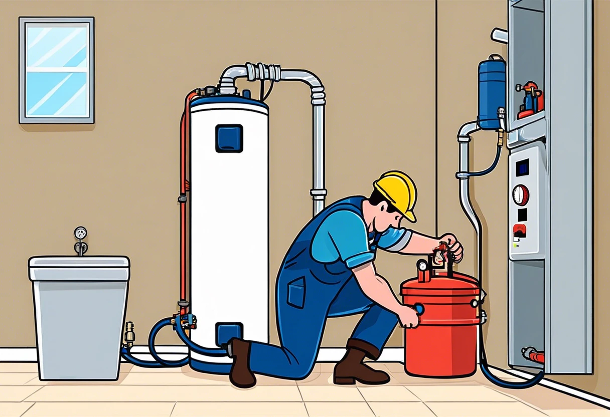 Plumber working with electrical components and water heater, showcasing how plumbing uses electricity.