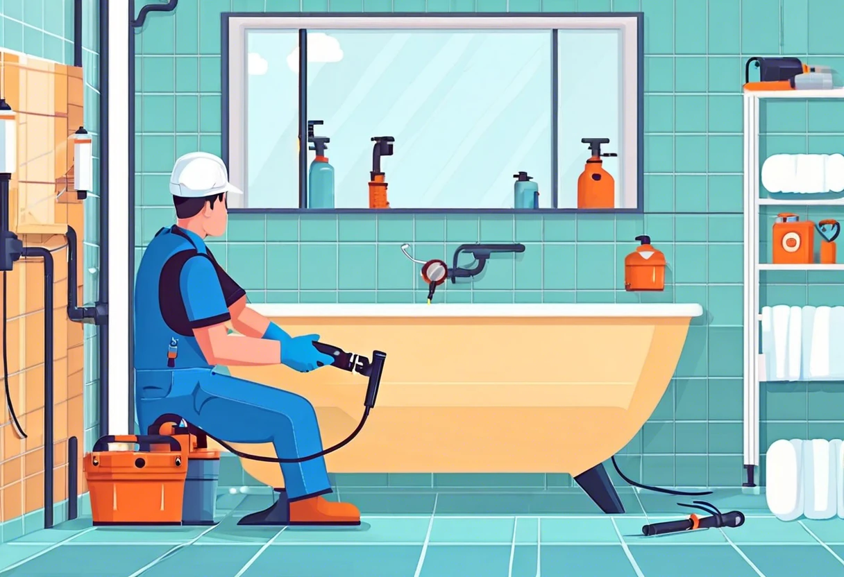 Plumber working in a bathroom demonstrating how plumbing intersects with electricity.