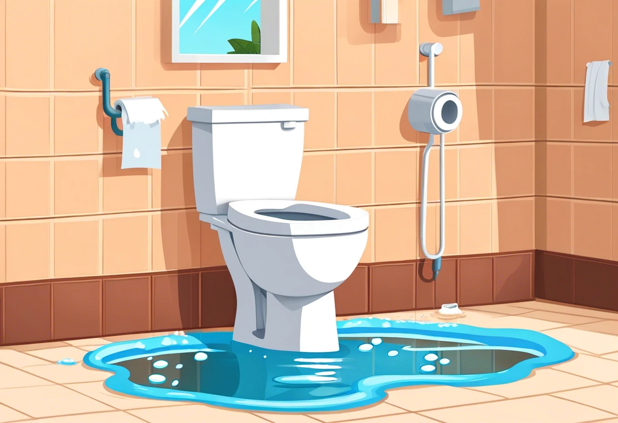 A flooded bathroom with water pooling around a toilet, illustrating a plumbing emergency.