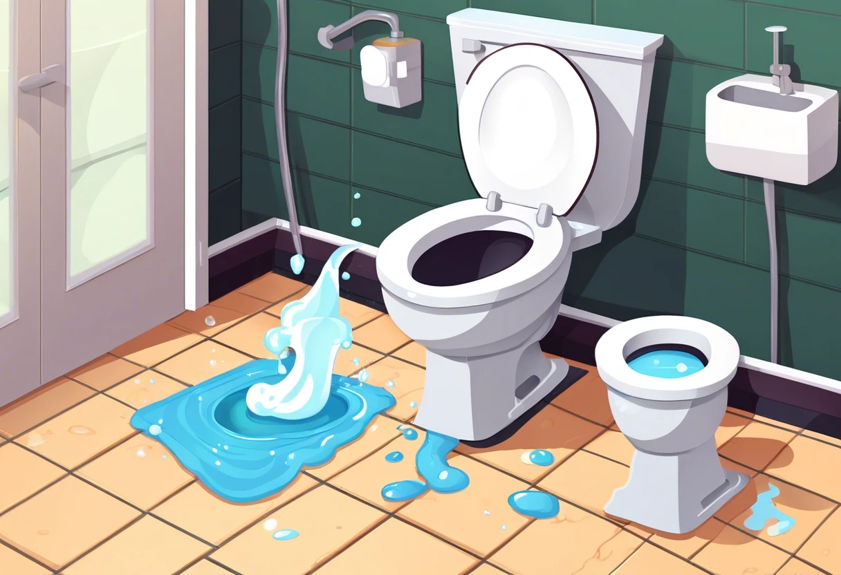 Illustration of a plumbing emergency with a leaking toilet creating a water pool.